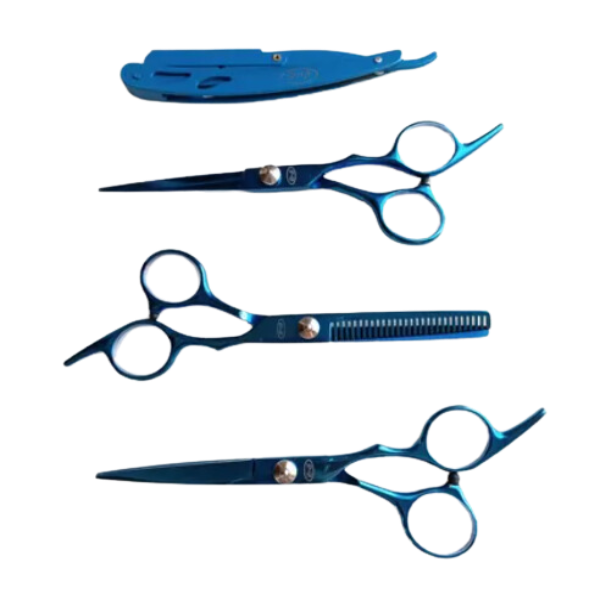 Combo 3 Tesouras + Navalha Profissional Barber Blue